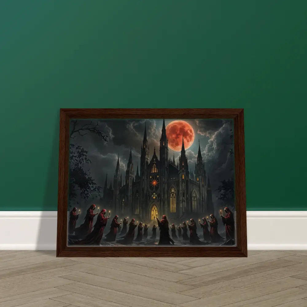 Framed gothic castle painting from PixiOnyx Devotional Gallery titled The Crimson Liturgy