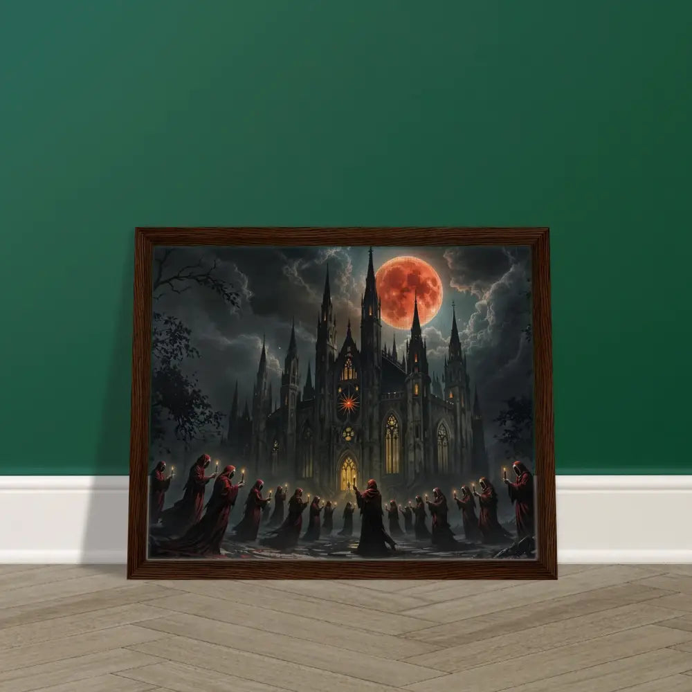 Framed gothic cathedral painting on canvas displayed in PixiOnyx Devotional Gallery piece