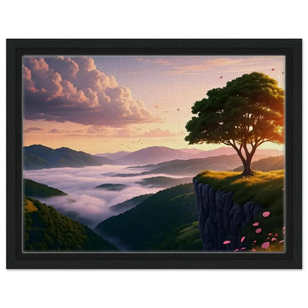 Framed landscape painting titled The Edge of Dawn displayed on PixiOnyx Tranquility Display