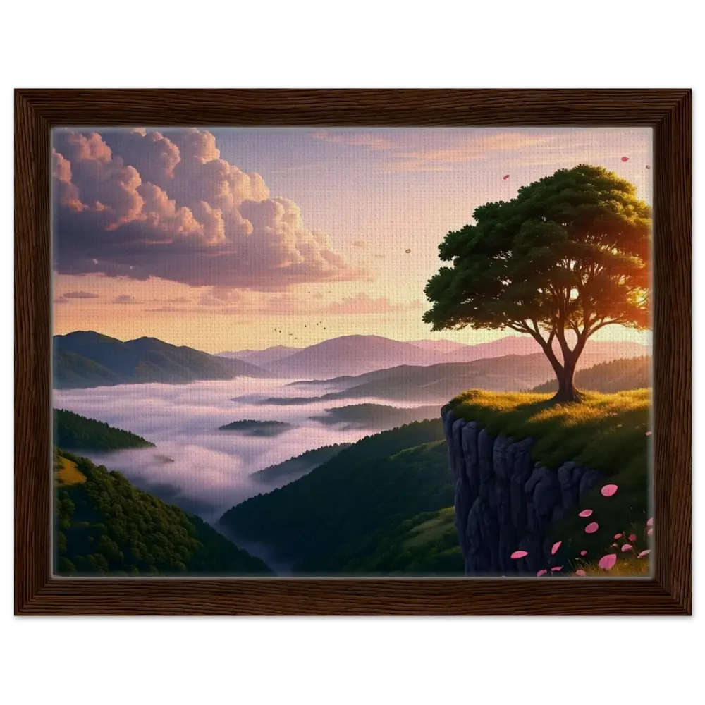Framed landscape painting titled The Edge of Dawn displayed in PixiOnyx Tranquility Canvas