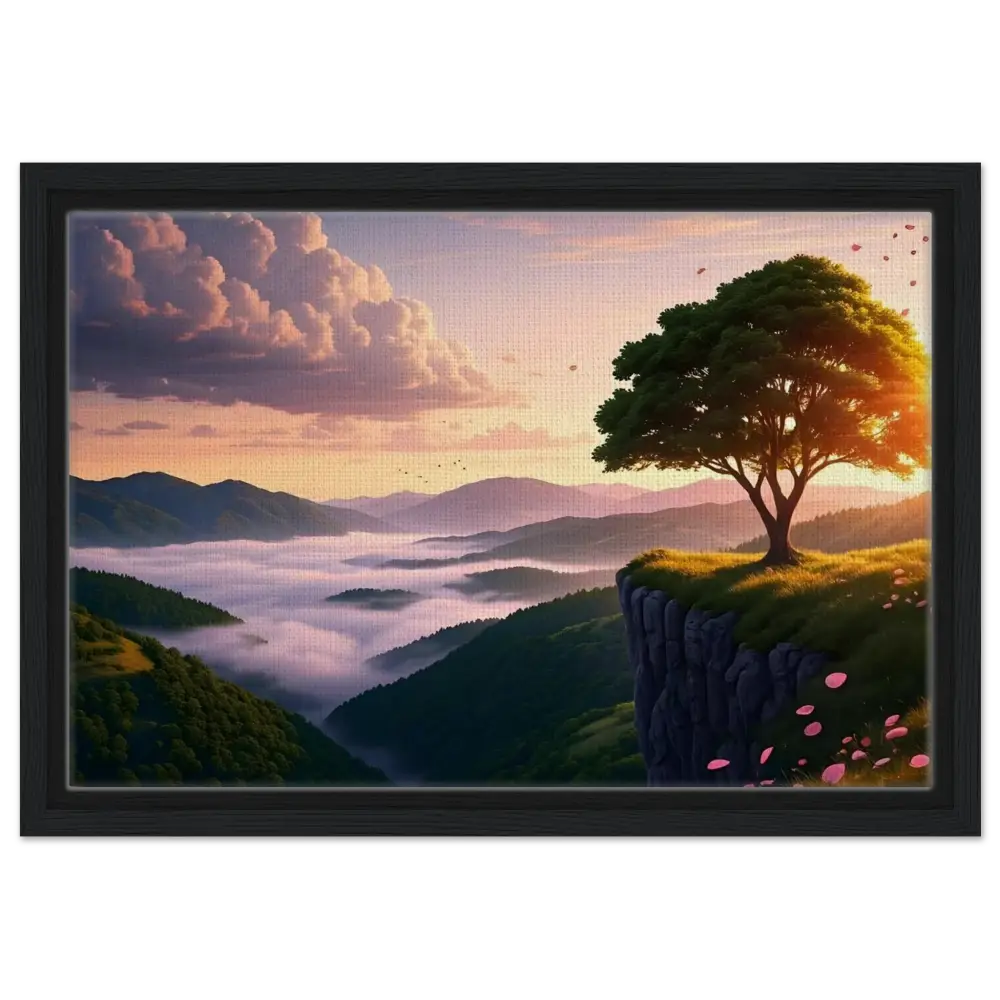 Framed landscape painting titled The Edge of Dawn displayed in PixiOnyx Tranquility Display