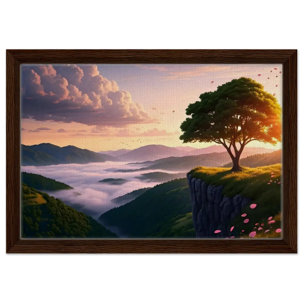 Framed landscape painting titled The Edge of Dawn displayed in PixiOnyx Tranquility Canvas