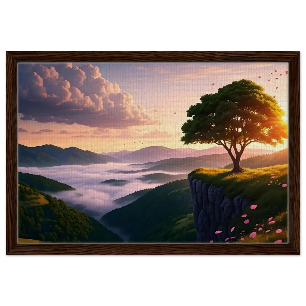 Framed Landscape Painting displayed in Framed Canvas The Edge of Dawn PixiOnyx Tranquility Display