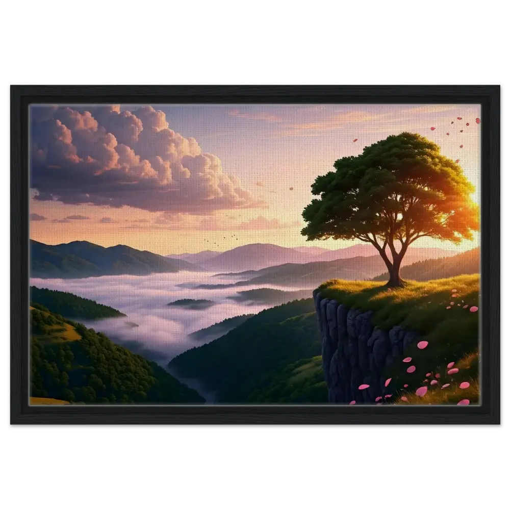 Framed landscape painting titled The Edge of Dawn displayed in PixiOnyx Tranquility Display