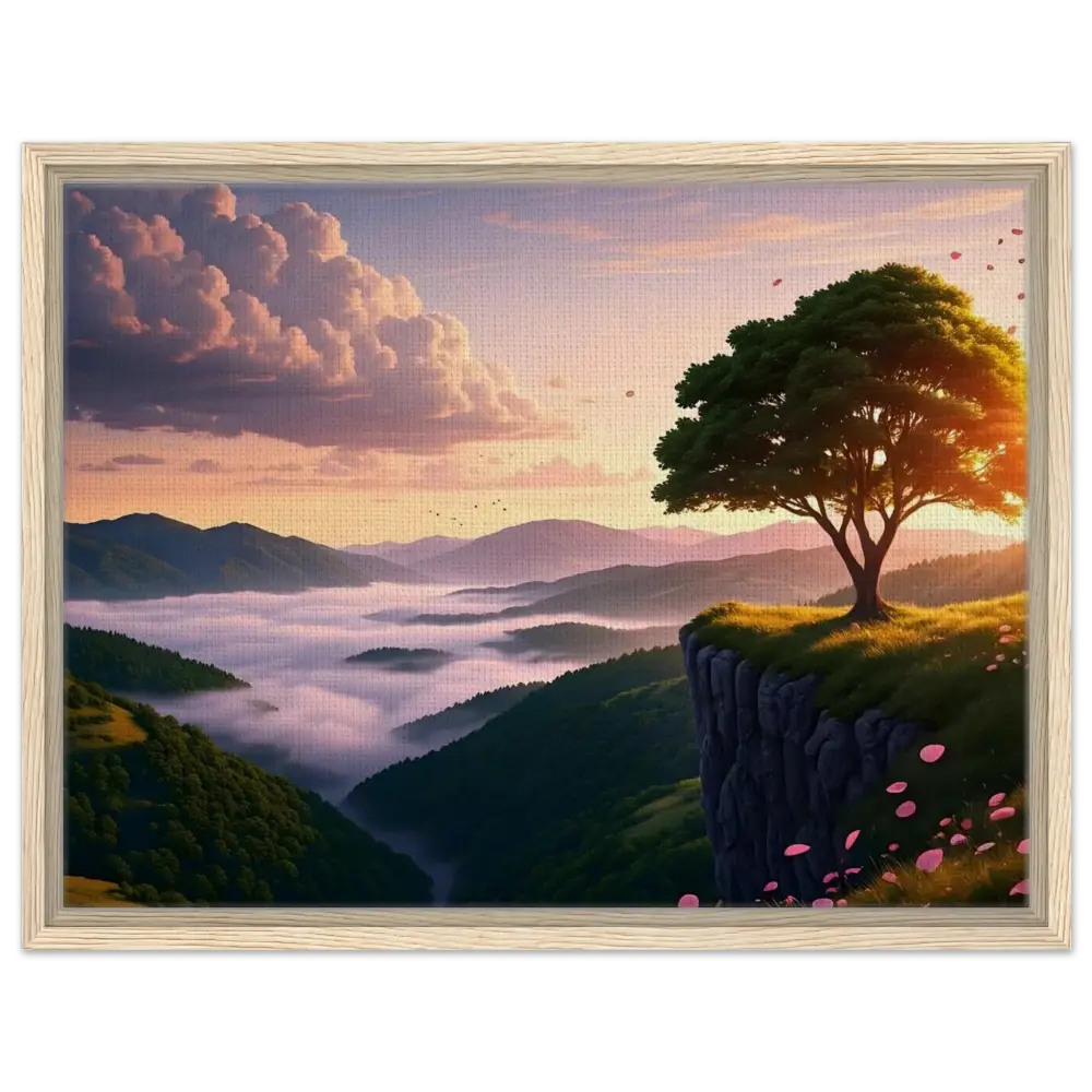 Framed landscape painting titled The Edge of Dawn displayed in PixiOnyx Tranquility Canvas