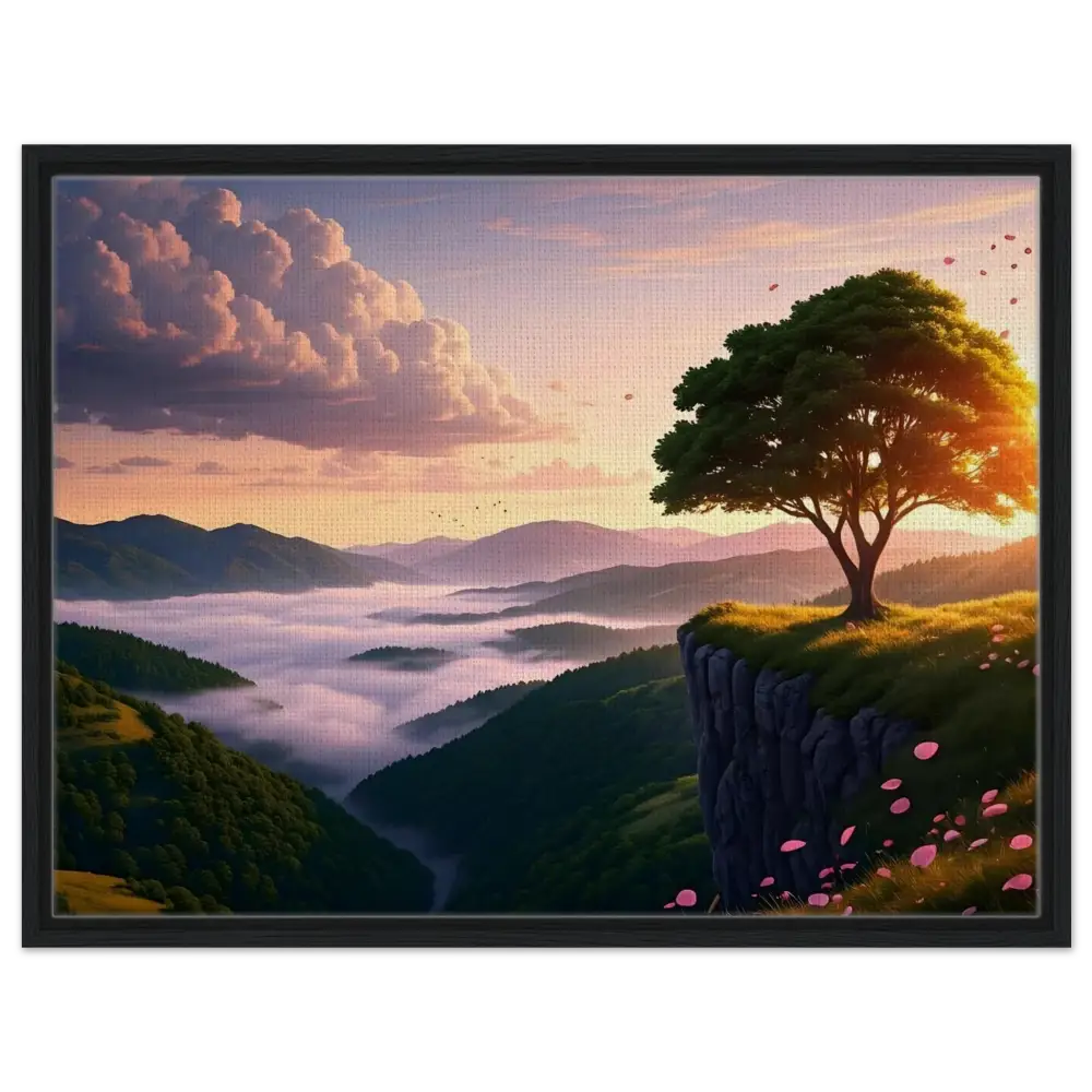 Framed landscape painting titled The Edge of Dawn displayed in PixiOnyx Tranquility Display