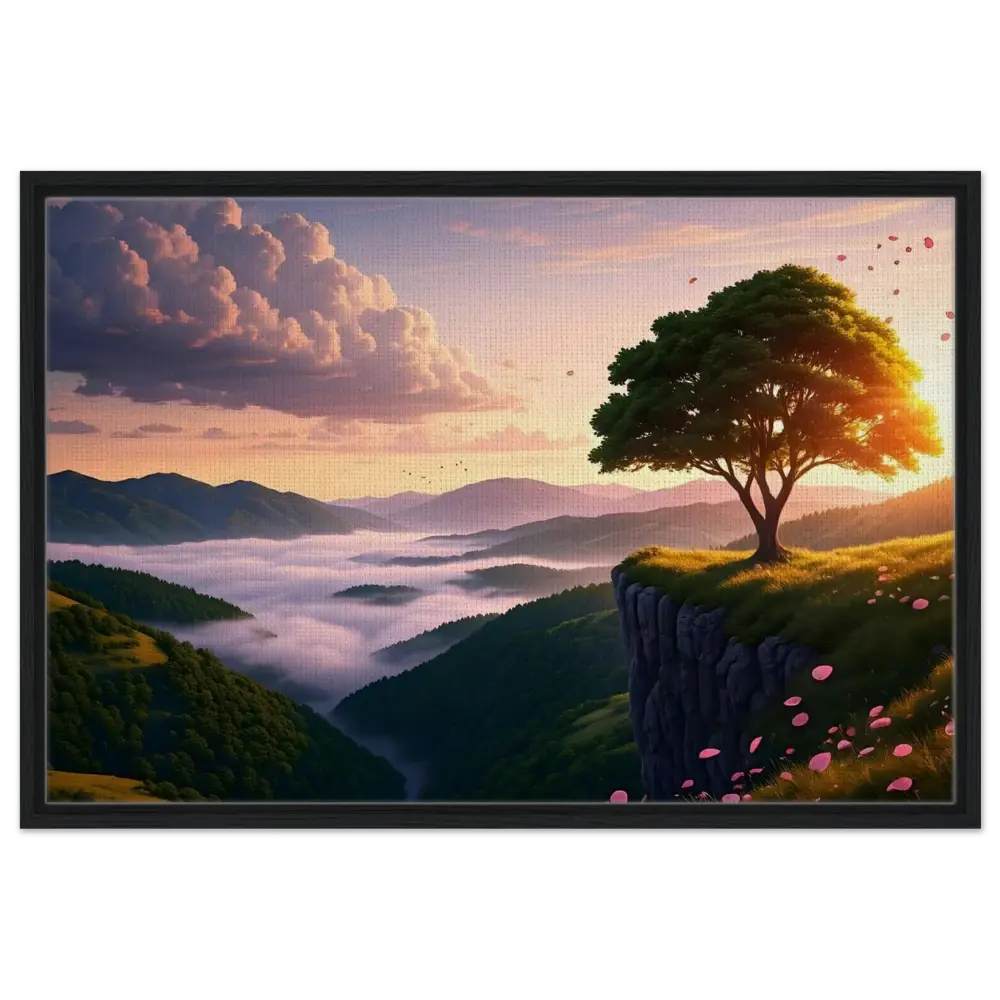 Framed landscape painting titled The Edge of Dawn displayed on PixiOnyx Tranquility Display