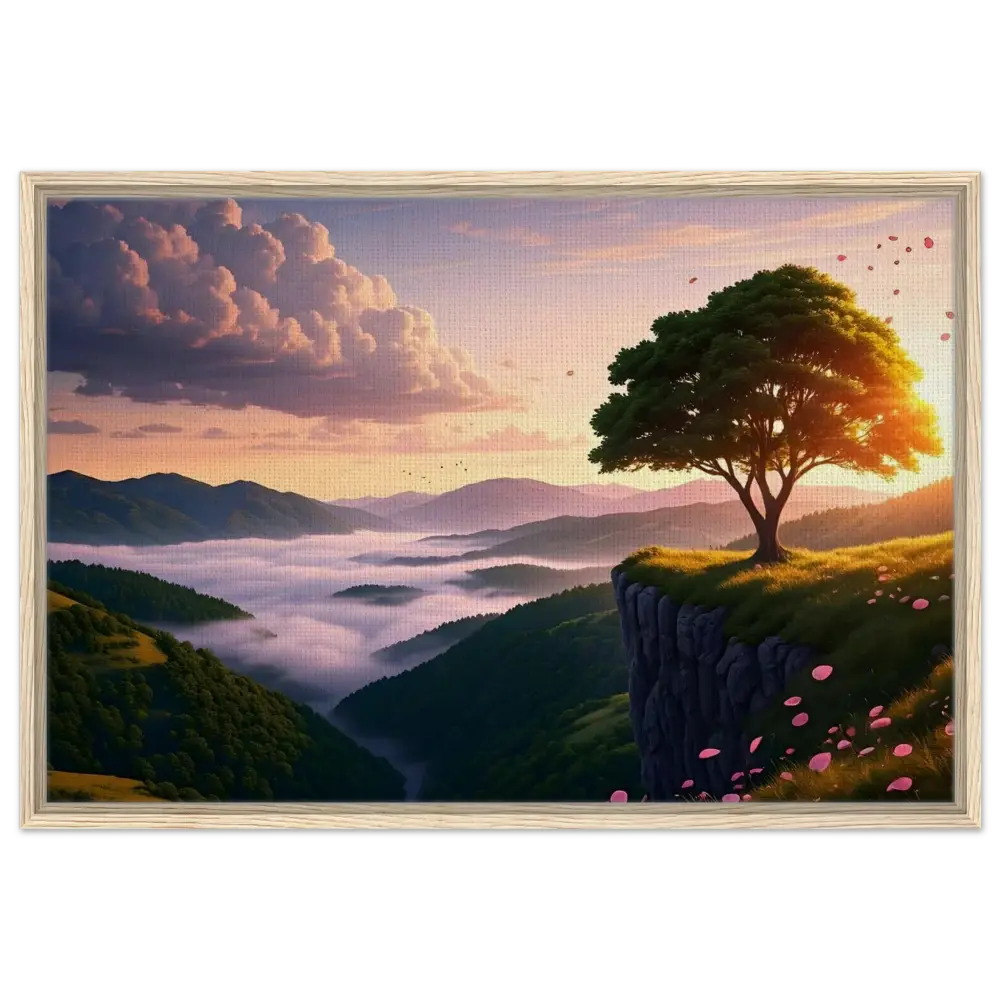 Framed landscape painting titled The Edge of Dawn by PixiOnyx displayed on a Tranquility Display
