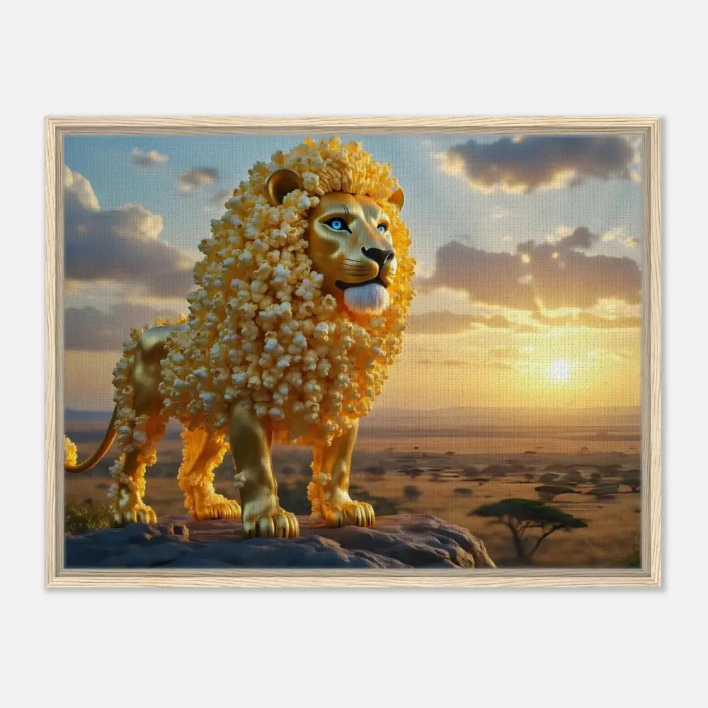 Framed Golden Popcorn Lion artwork from PixiOnyx Whimsical Wilderness Canvas collection