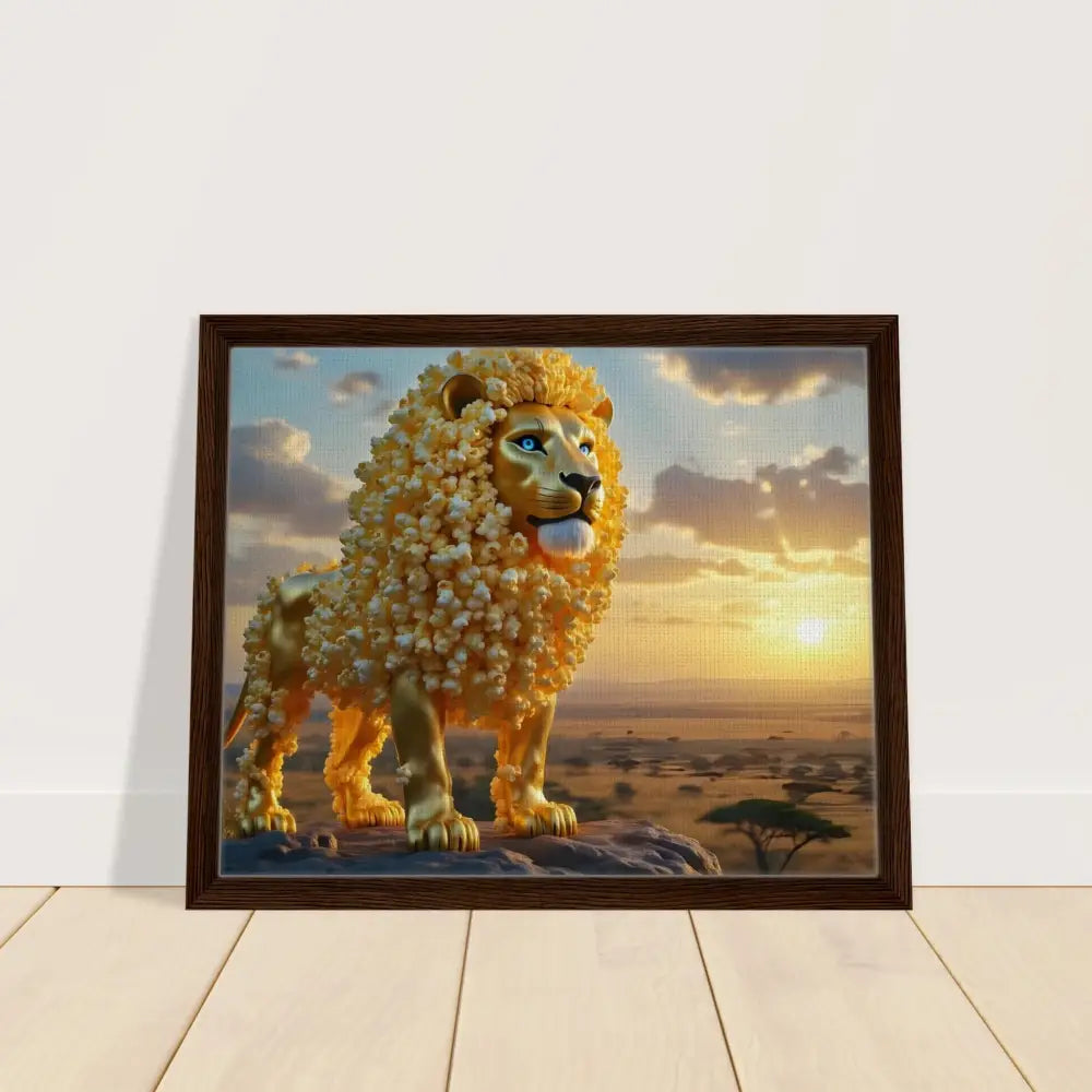 Framed popcorn lion art from PixiOnyx Whimsical Wilderness Canvas display