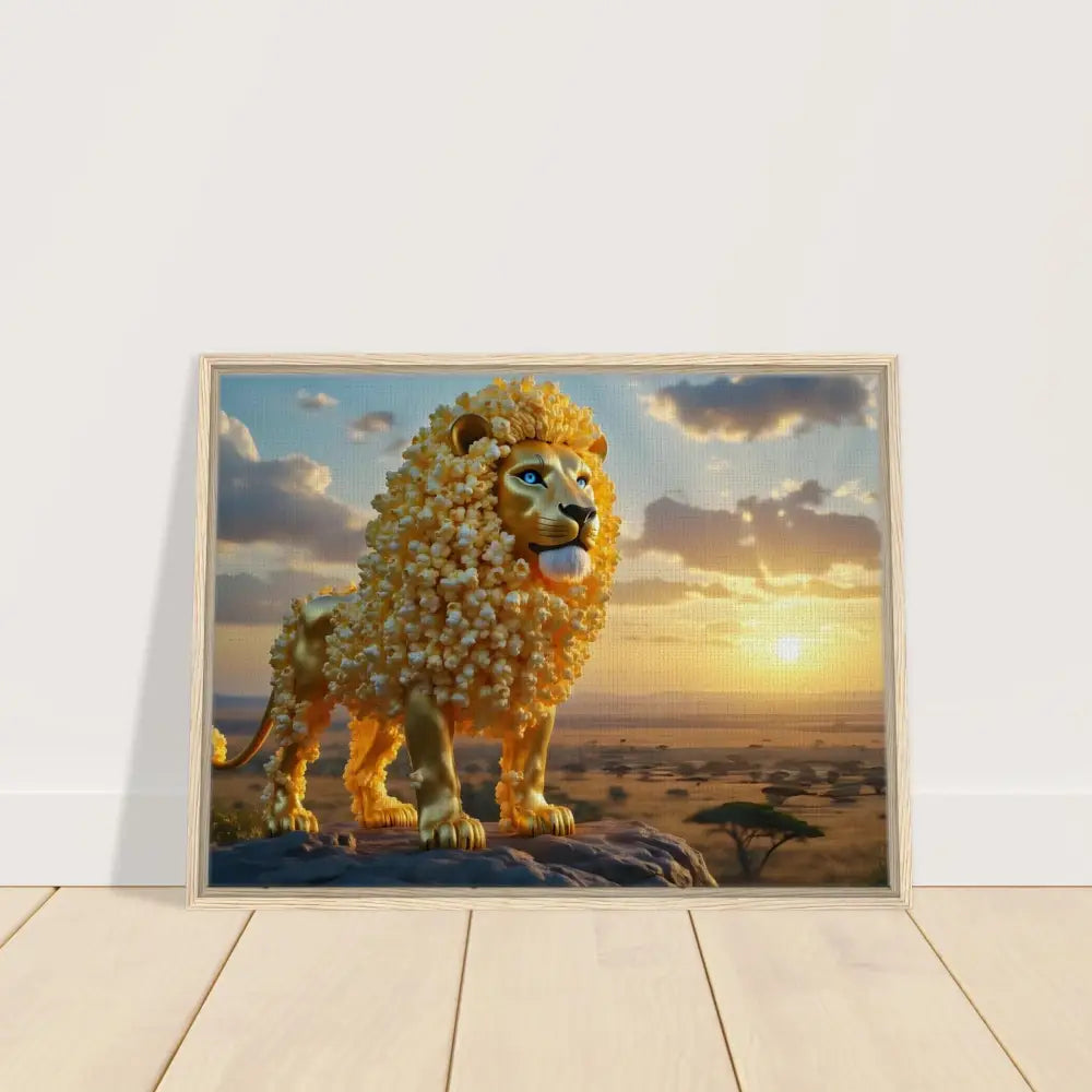 Framed Canvas artwork of a Lion crafted from popcorn kernels in a whimsical wilderness setting