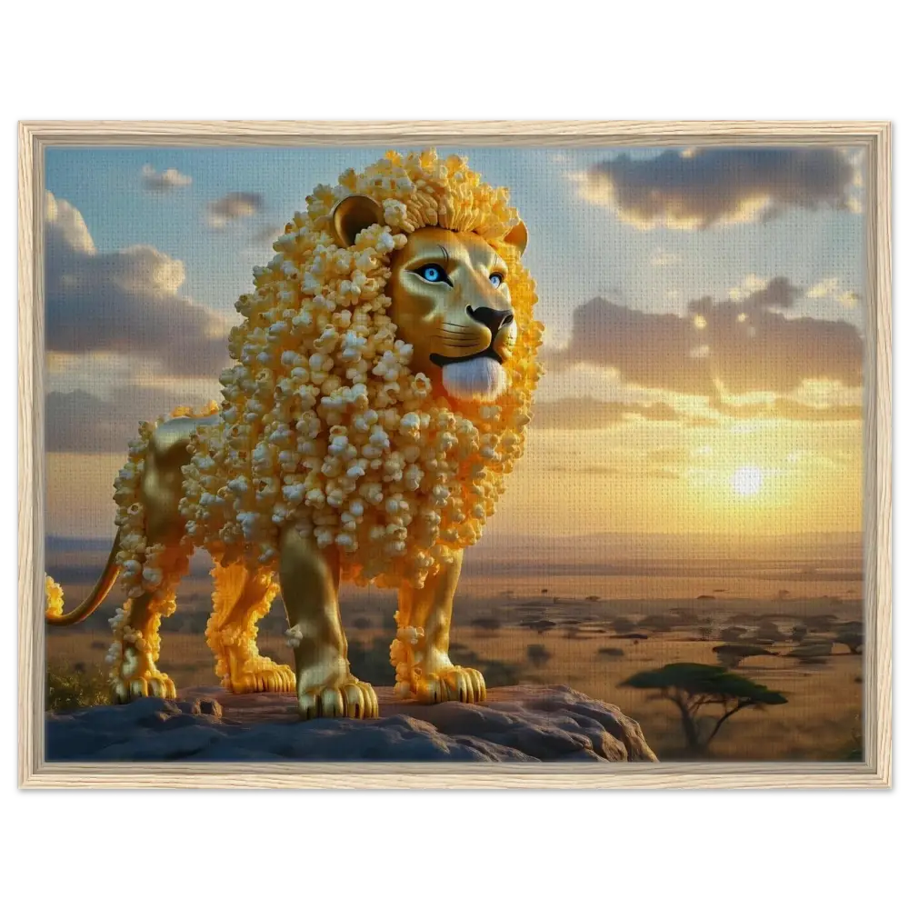 Framed golden lion with popcorn mane displayed in PixiOnyx Whimsical Wilderness Canvas
