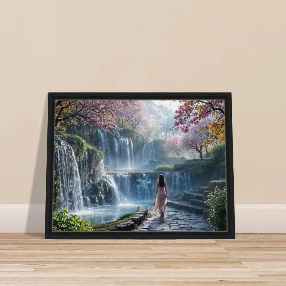 Framed waterfall landscape art from PixiOnyx Floating Realm Series titled The Waterfall Orchard