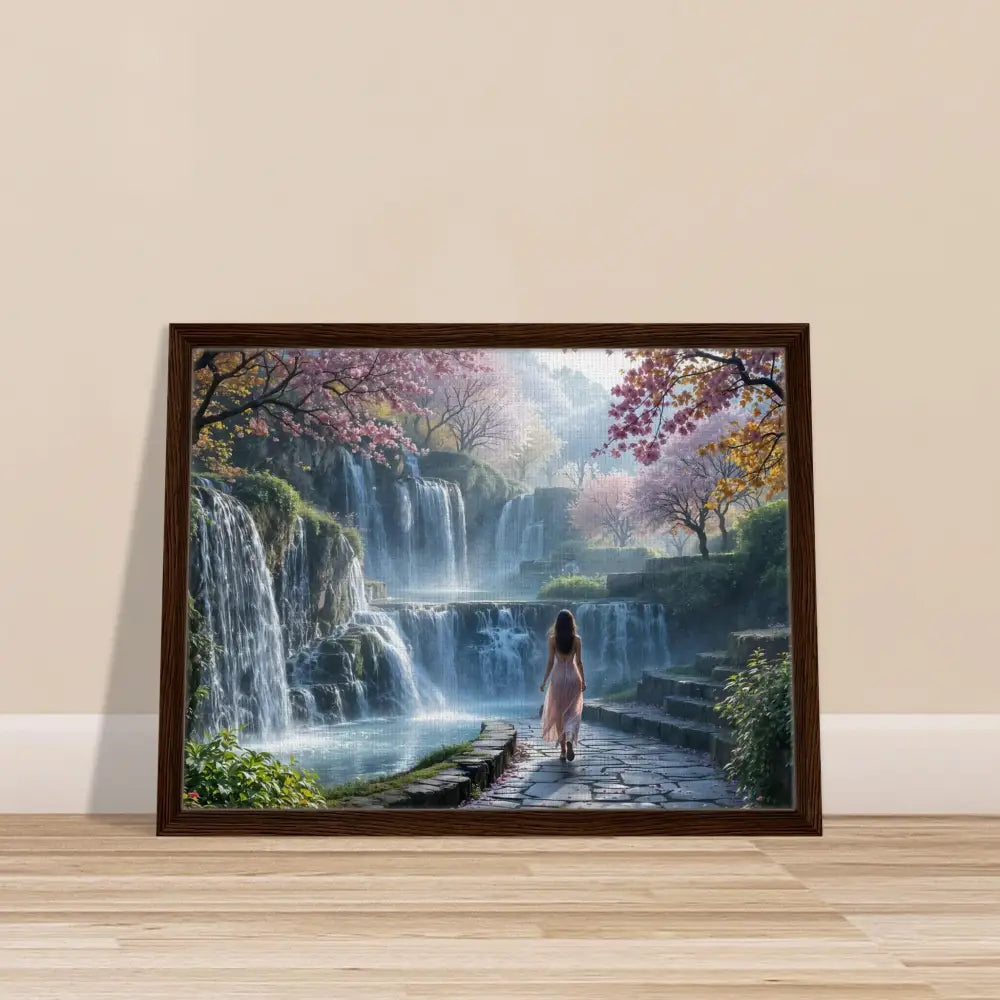 Framed waterfall landscape art from PixiOnyx Floating Realm Series displayed in a canvas