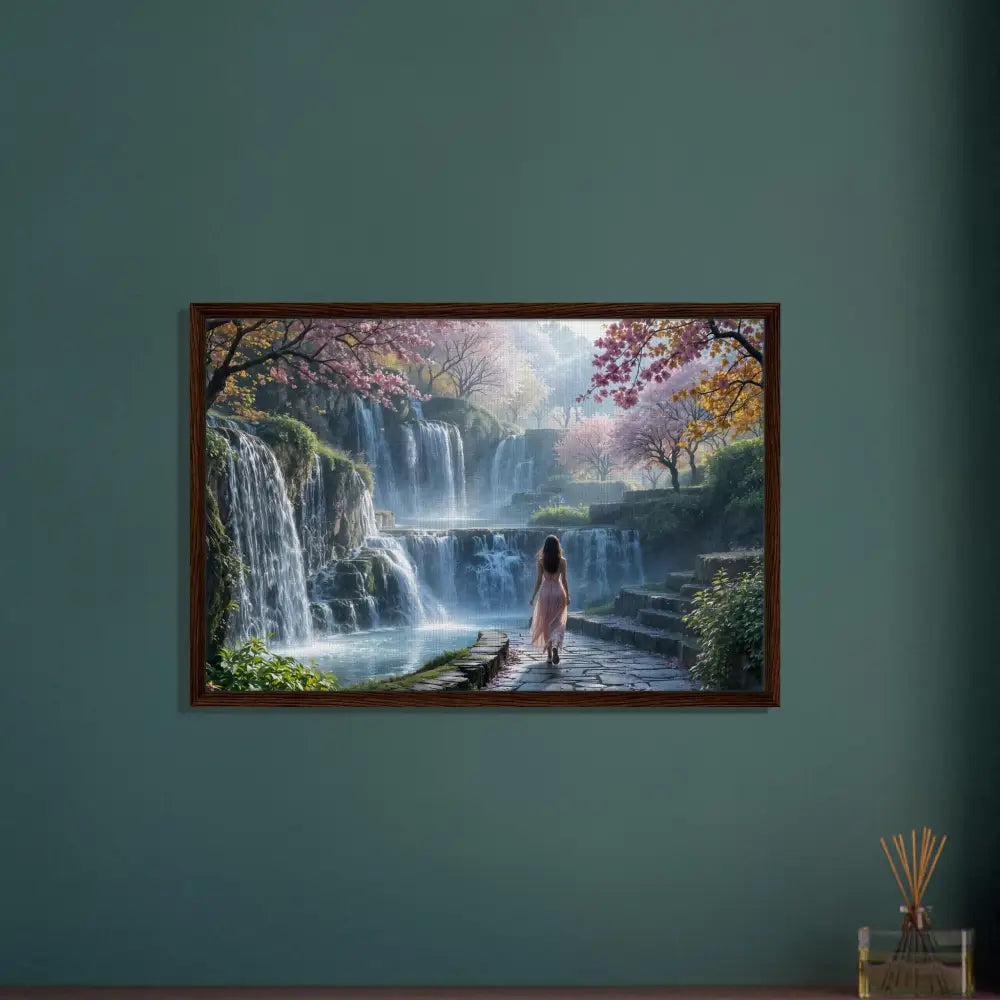 Framed waterfall landscape with woman in PixiOnyx Floating Realm Series Canvas