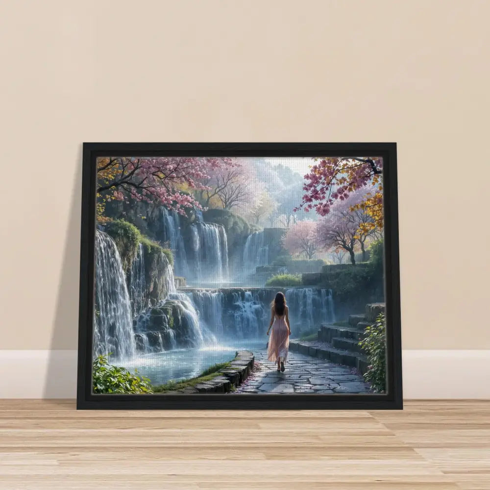 Framed waterfall landscape art from PixiOnyx Floating Realm Series in a stylish canvas frame