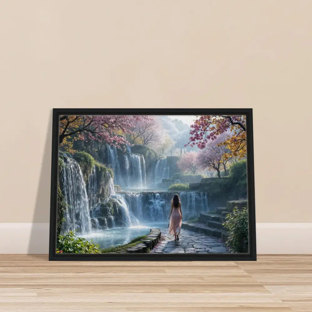 Framed waterfall landscape art from PixiOnyx Floating Realm Series displayed in product