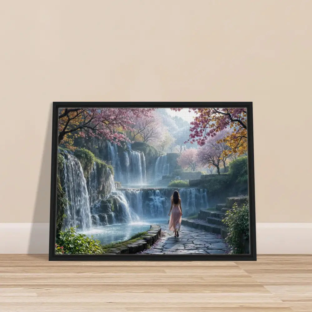 Framed waterfall landscape art from PixiOnyx Floating Realm Series on canvas
