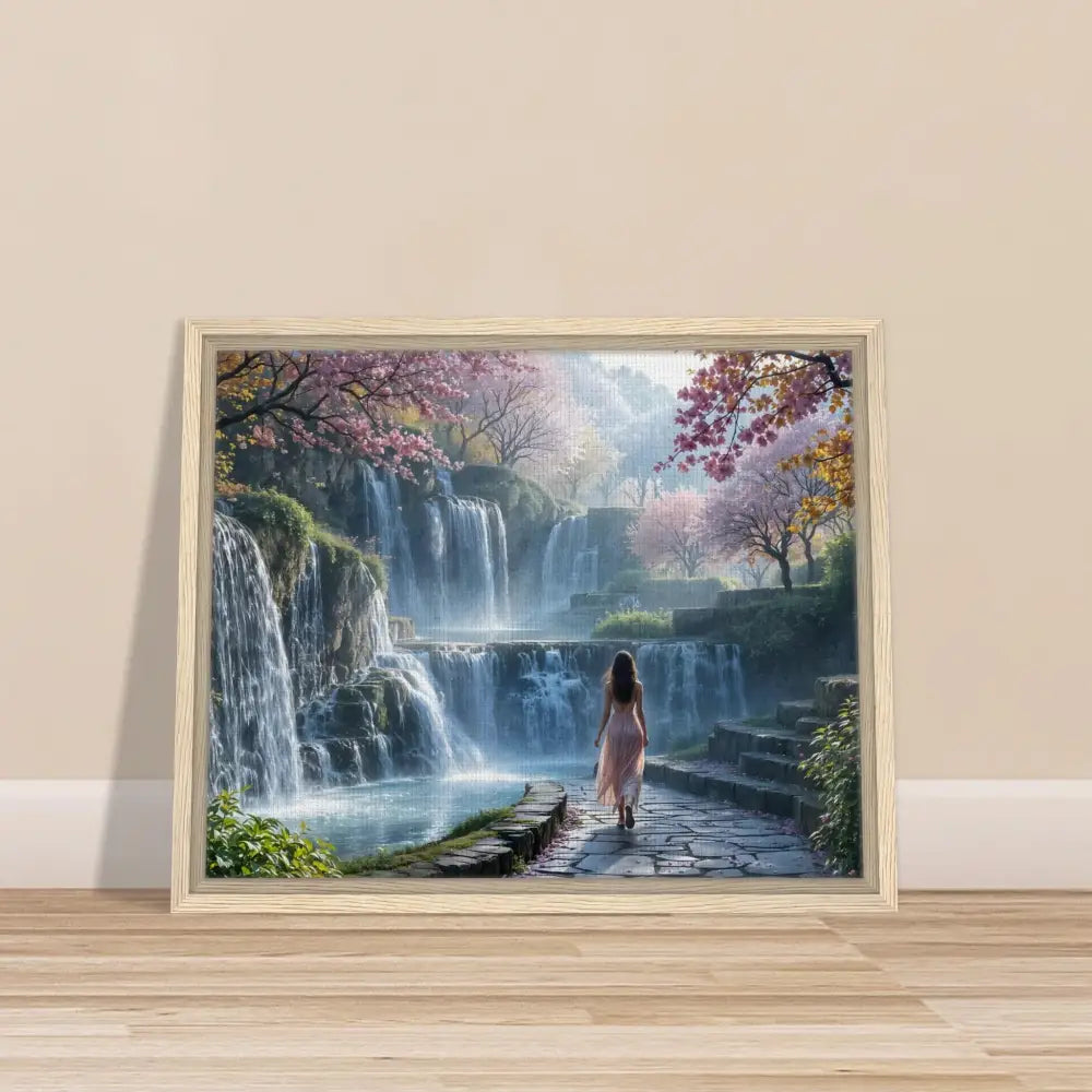 Framed Waterfall Orchard landscape with a woman in PixiOnyx Floating Realm Series