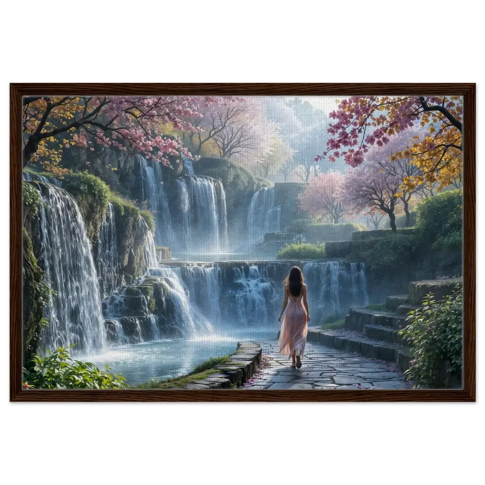 Framed waterfall landscape with woman from PixiOnyx Floating Realm Series