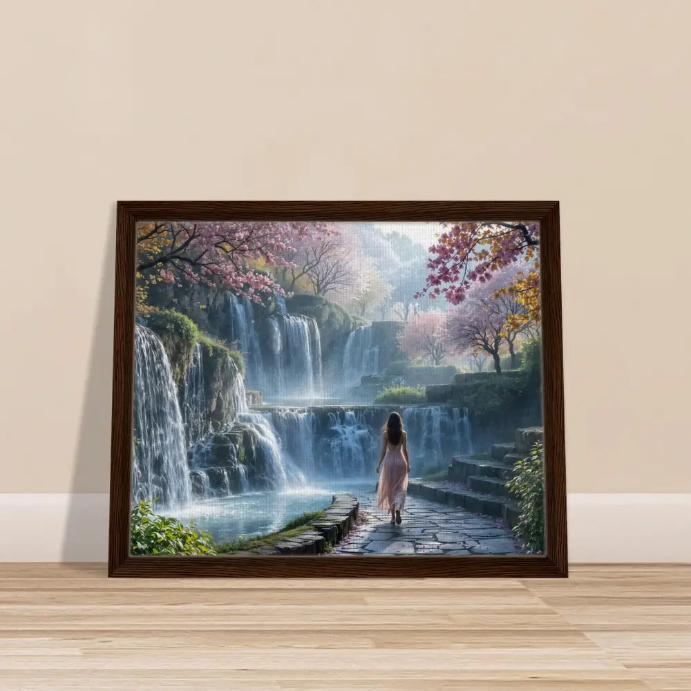 Framed waterfall landscape art from PixiOnyx Floating Realm Series displays nature serenity