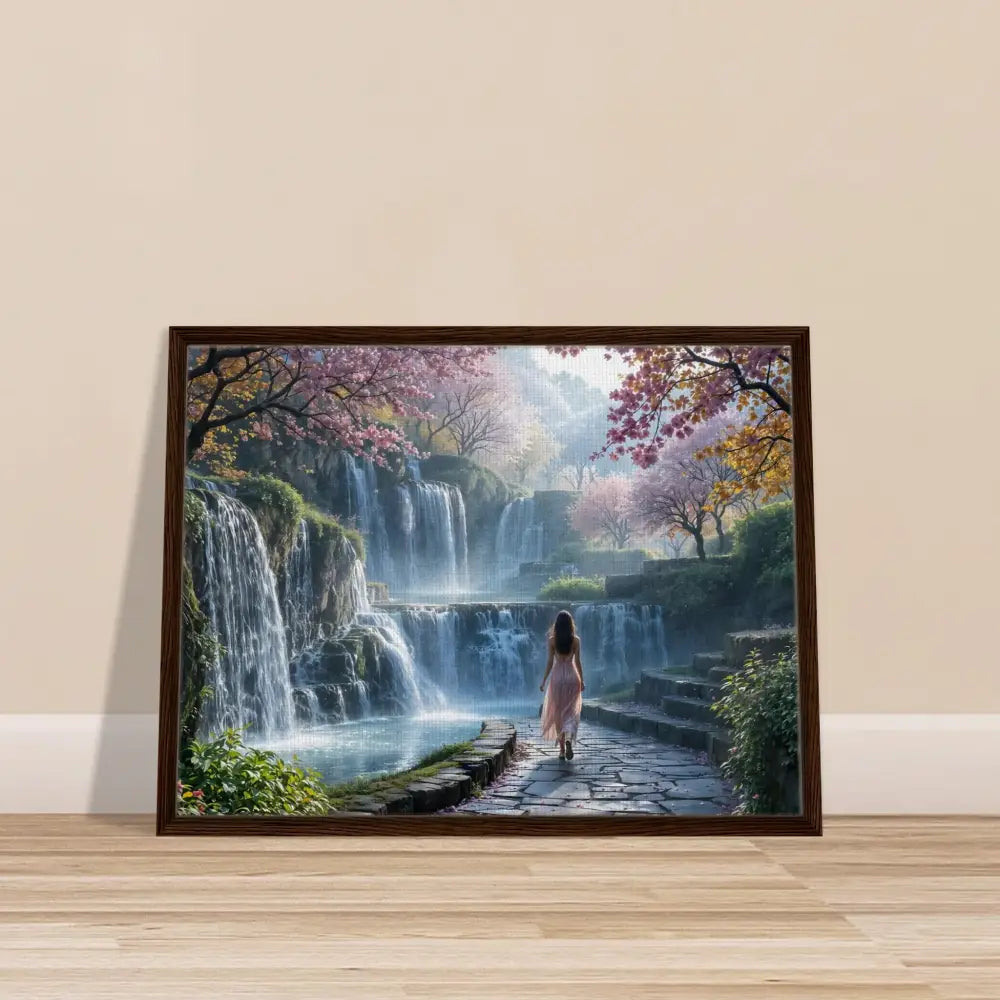 Framed waterfall landscape art from PixiOnyx Floating Realm Series featuring a scenic water scene