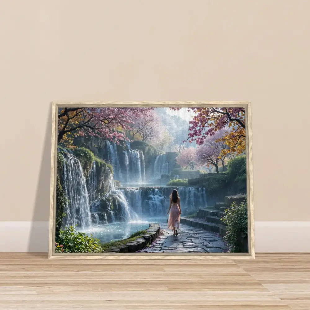Framed Waterfall Orchard landscape with a woman from PixiOnyx Floating Realm Series