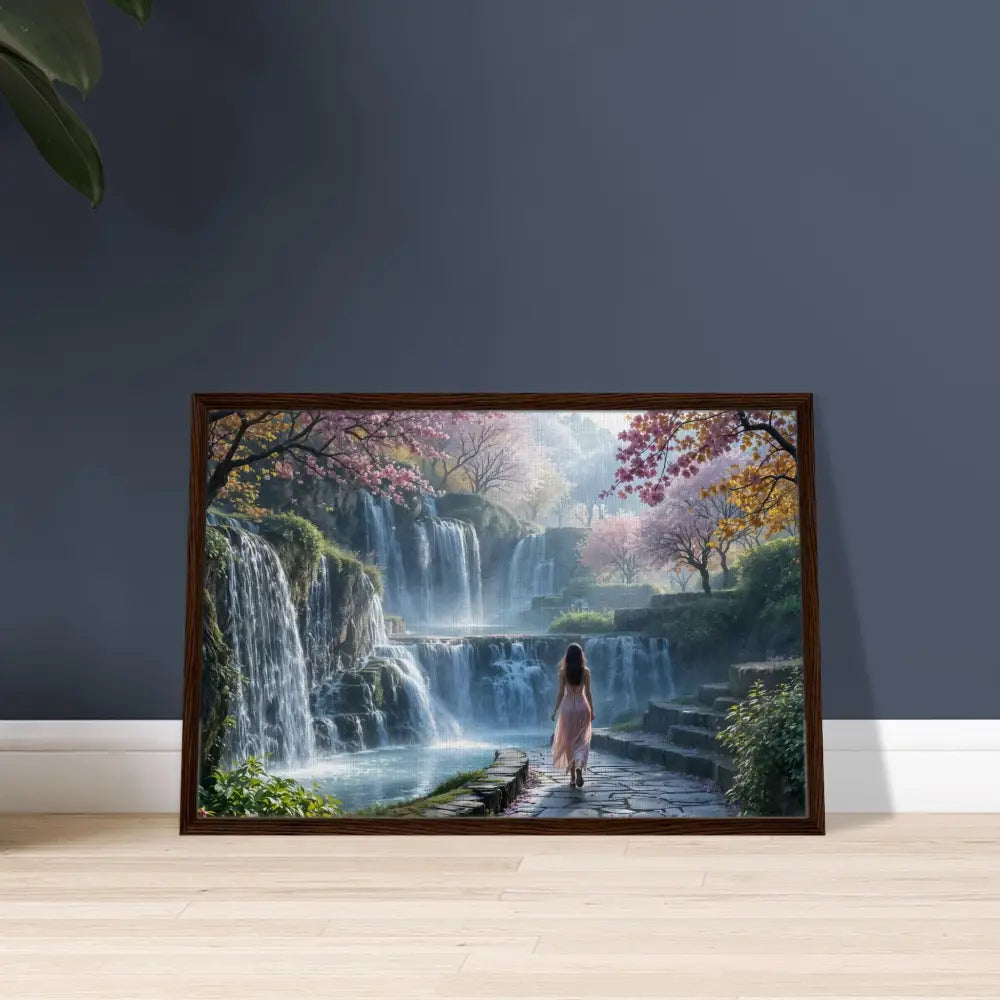 Framed waterfall landscape art from PixiOnyx Floating Realm Series displayed in home decor