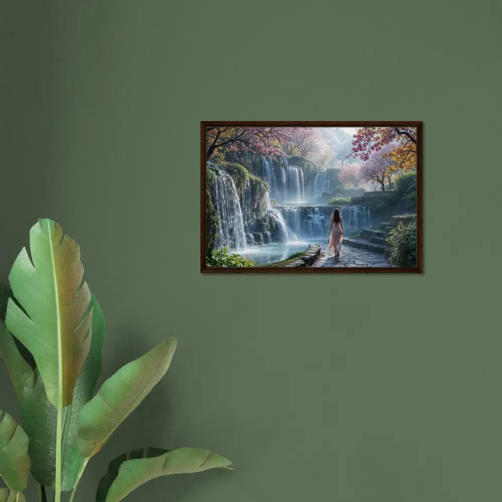 Framed waterfall landscape artwork from PixiOnyx Floating Realm Series
