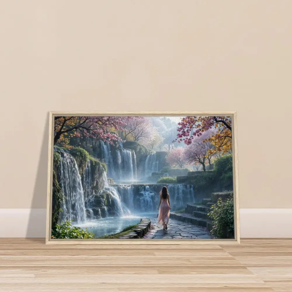 Framed waterfall landscape art from PixiOnyx Floating Realm Series displayed on canvas