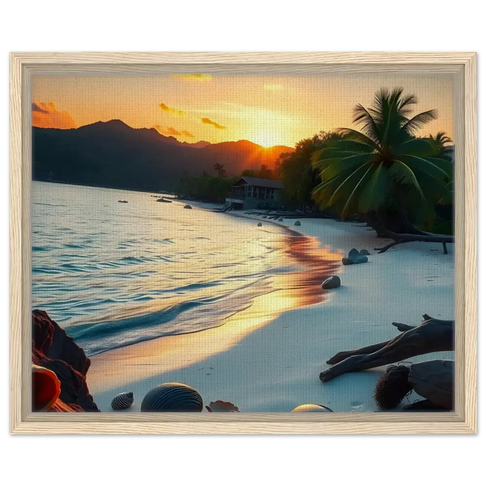 Framed tropical beach sunset art print on canvas titled PixiOnyx Coastal Art Print