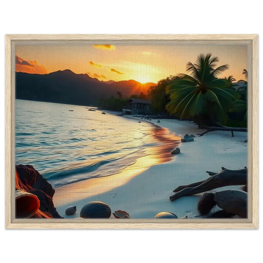 Framed canvas displaying tropical beach sunset shore coastal art print