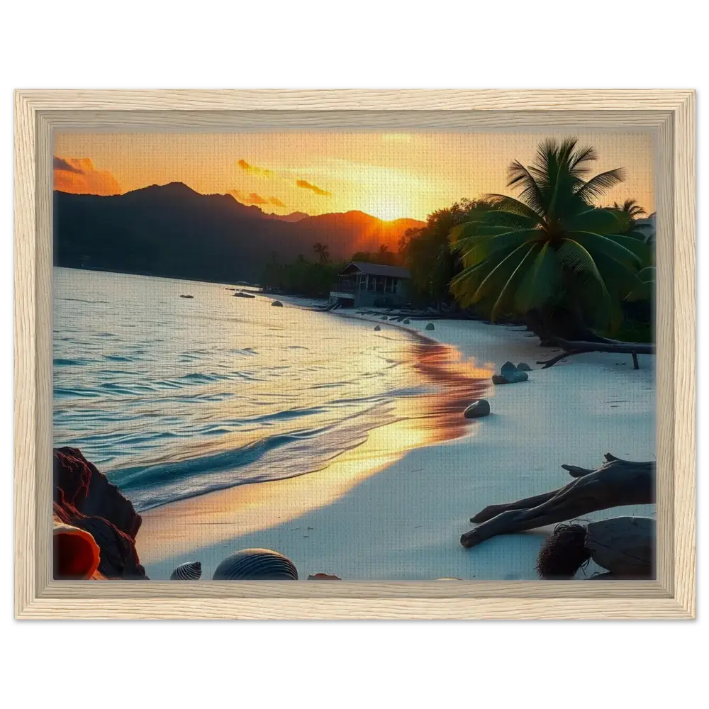 Framed beach sunset painting on a tropical shoreline art print by PixiOnyx Coastal Art