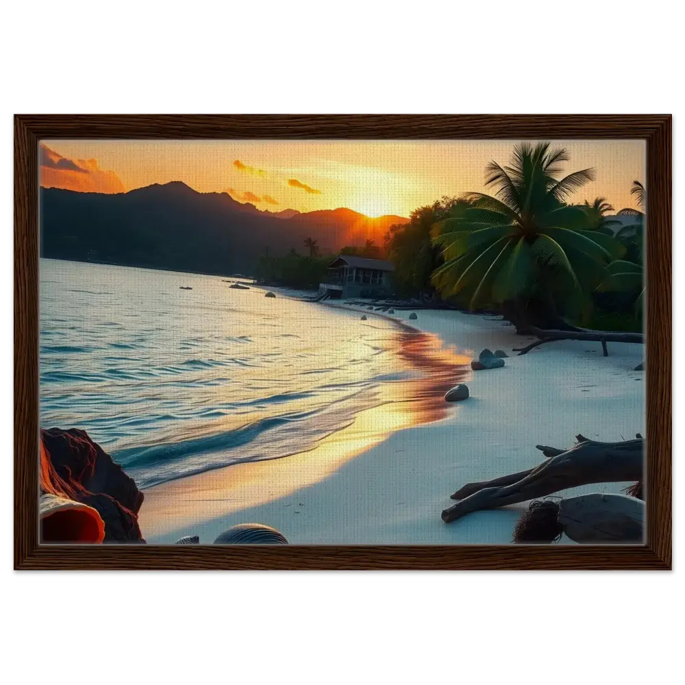 Framed Tropical Sunset Shore Canvas Coastal Art Print displayed in product PixiOnyx Coastal Art