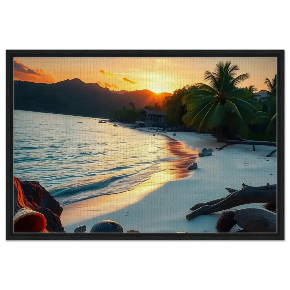 Framed beach sunset scene coastal art print labeled PixiOnyx Tropical Sunset Shore