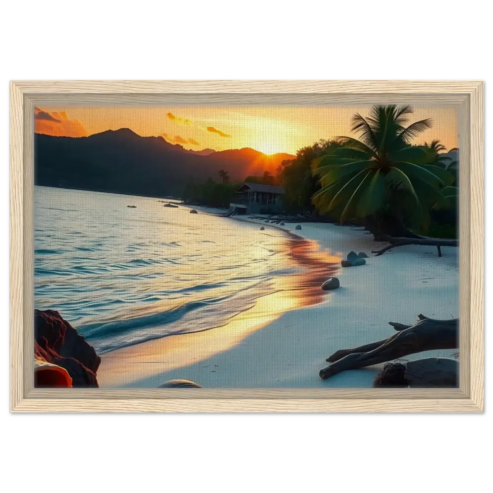 Framed beach sunset painting on tropical shore for coastal art decor featuring a sunset scene