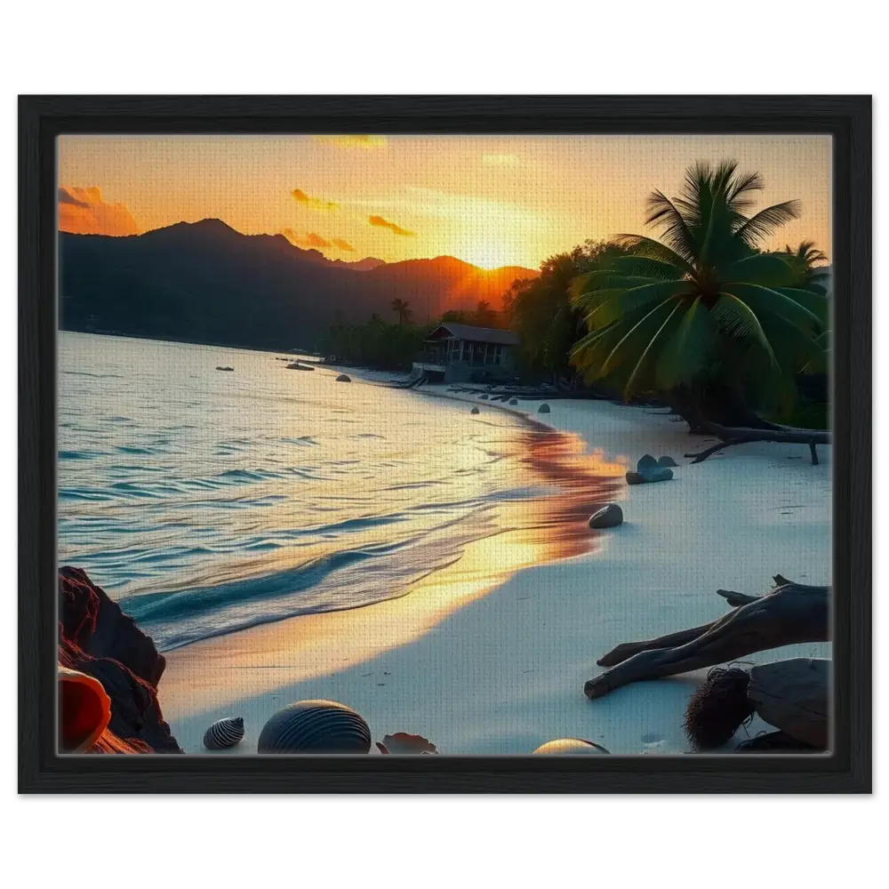 Framed Canvas Tropical Sunset Shore Coastal Art Print displayed on PixiOnyx art decor