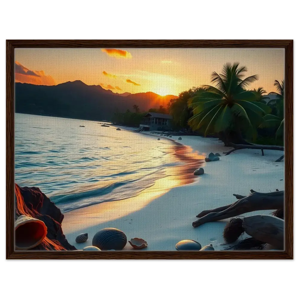 Framed beach sunset scene artwork displayed on PixiOnyx Coastal Art Print canvas