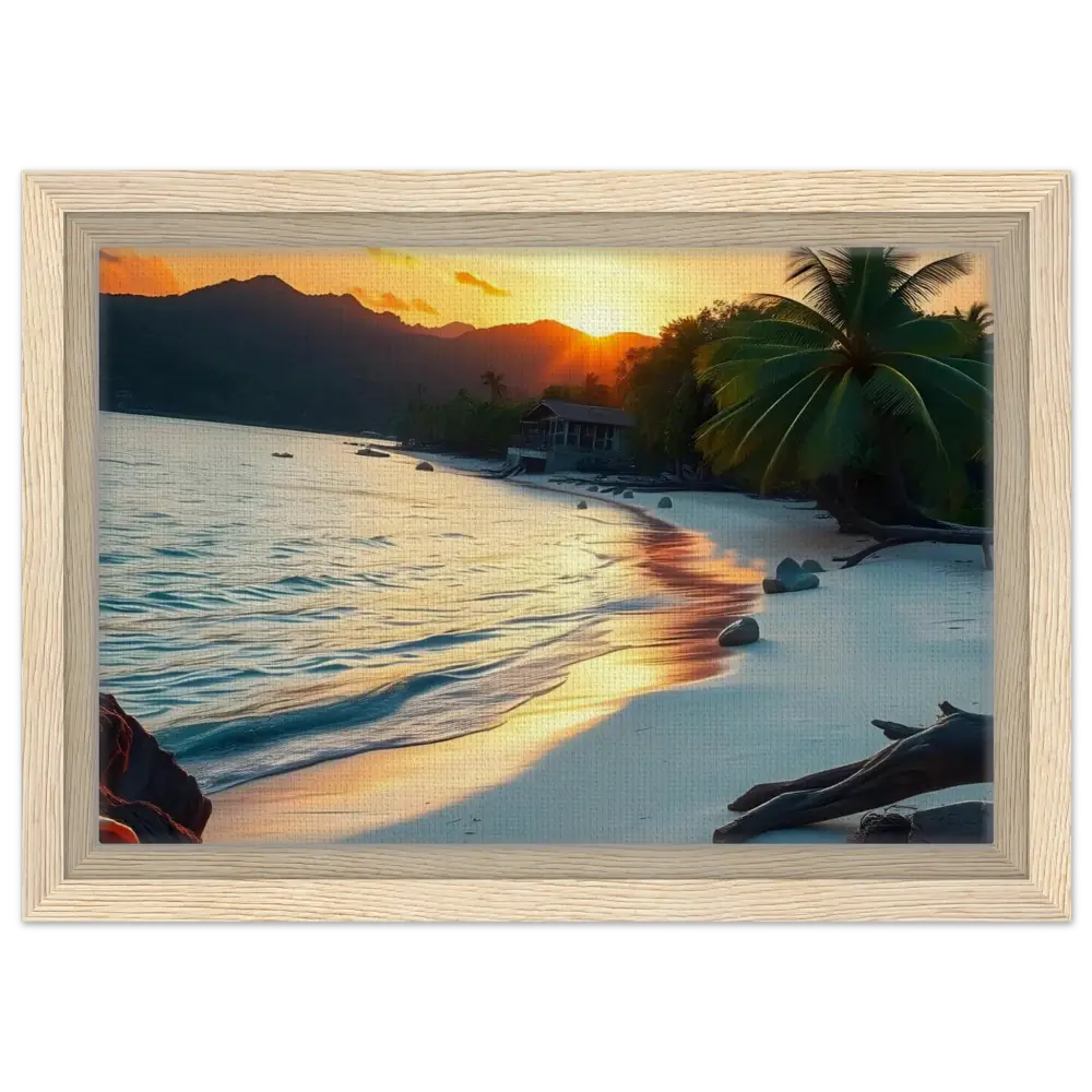 Framed beach sunset scene tropical shore coastal art print for home decor