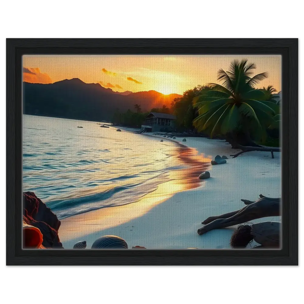 Framed tropical beach sunset coastal art print on canvas by PixiOnyx