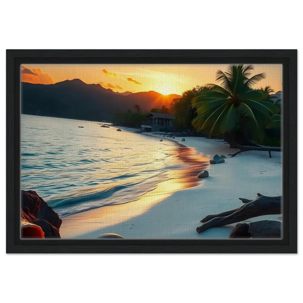 Framed Tropical Sunset Shore Canvas Coastal Art Print by PixiOnyx