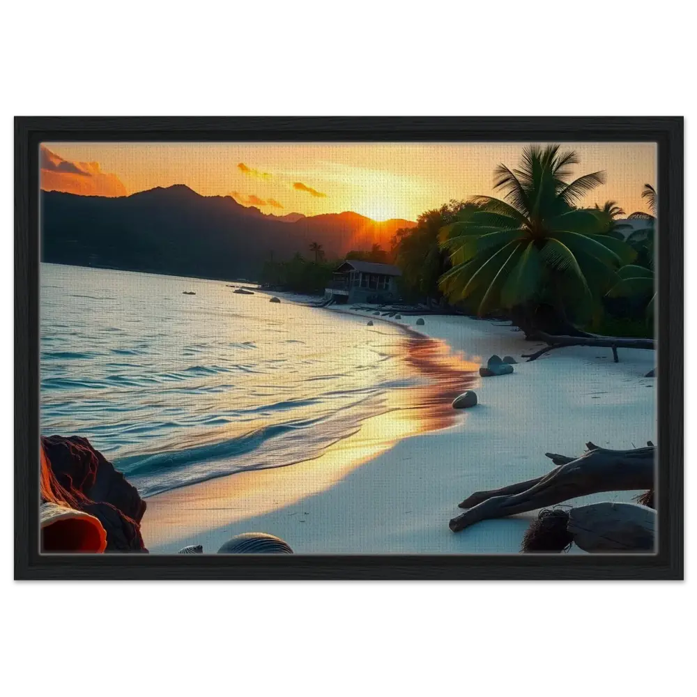 Framed canvas of a tropical sunset shoreline coastal art print by PixiOnyx