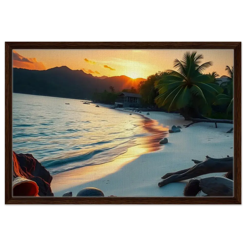 Framed Tropical Sunset Shore Coastal Art Print on Canvas by PixiOnyx