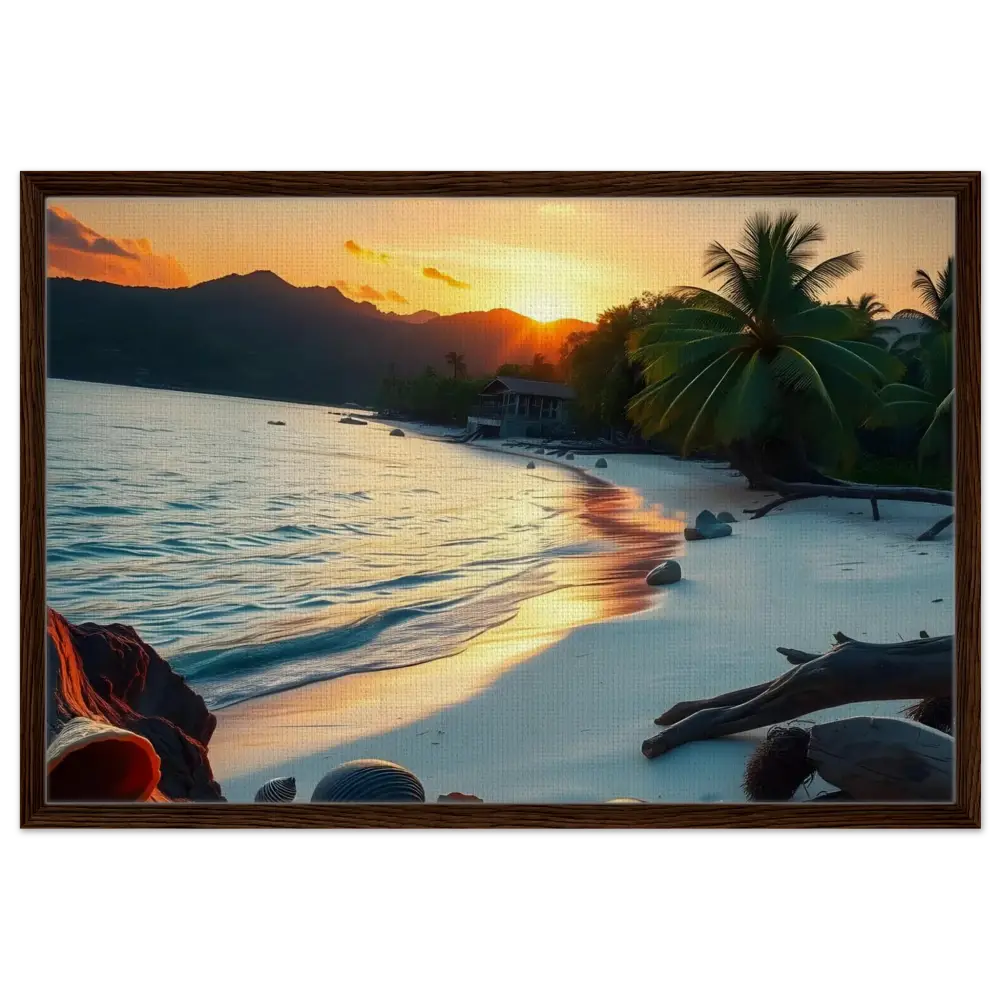 Framed tropical sunset beach scene canvas wall art for coastal home decor
