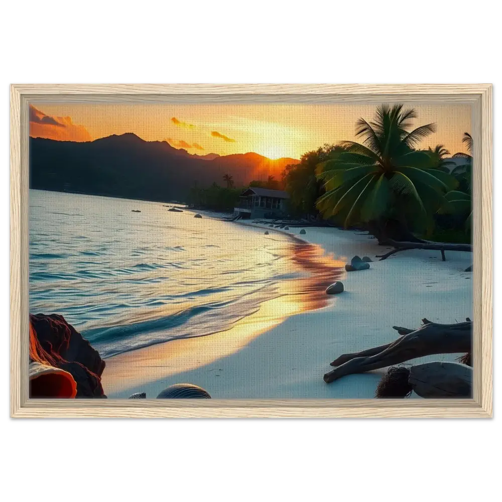 Framed beach sunset painting displayed on PixiOnyx Coastal Art Print product