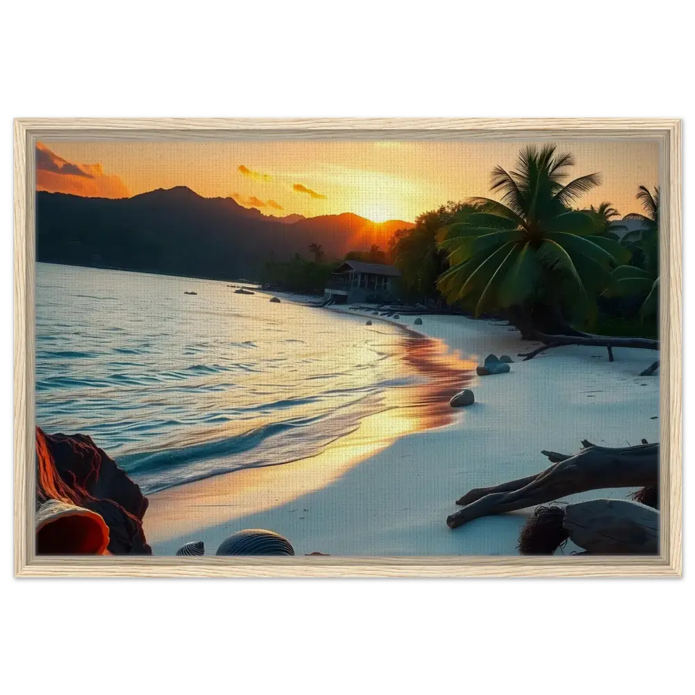 Framed beach sunset painting on canvas displaying Tropical Sunset Shore Coastal Art Print