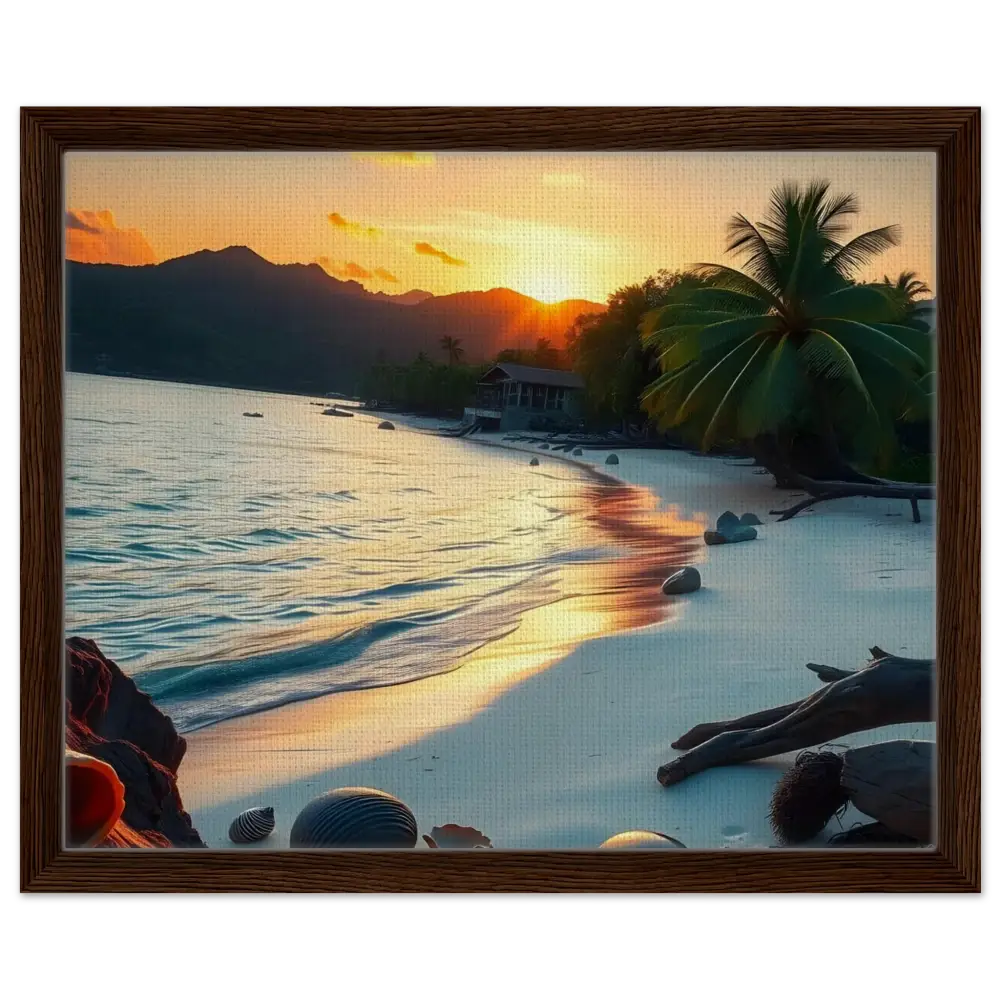 Framed tropical beach sunset coastal art print on canvas for wall decor
