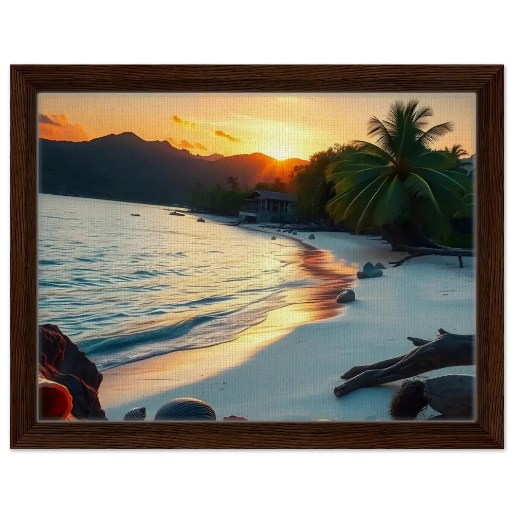 Framed tropical sunset shore coastal art print on canvas displaying vibrant beach scene