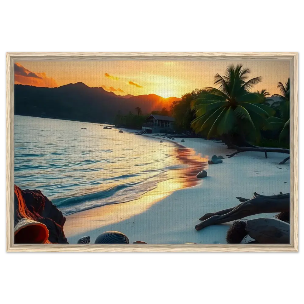 Framed beach sunset scene printed on tropical coastal art canvas by PixiOnyx