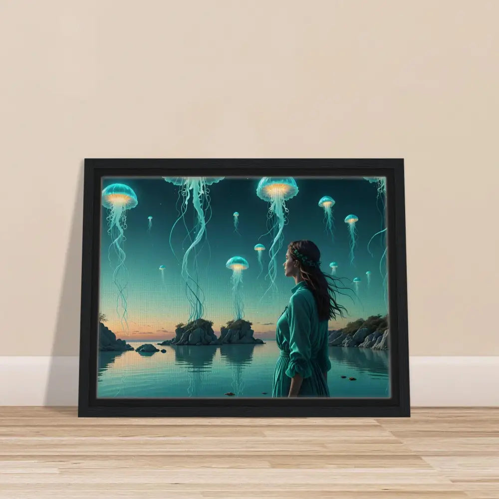 Framed jellyfish landscape art displayed in Turquoise Ascension Lagoon Scene wall decor